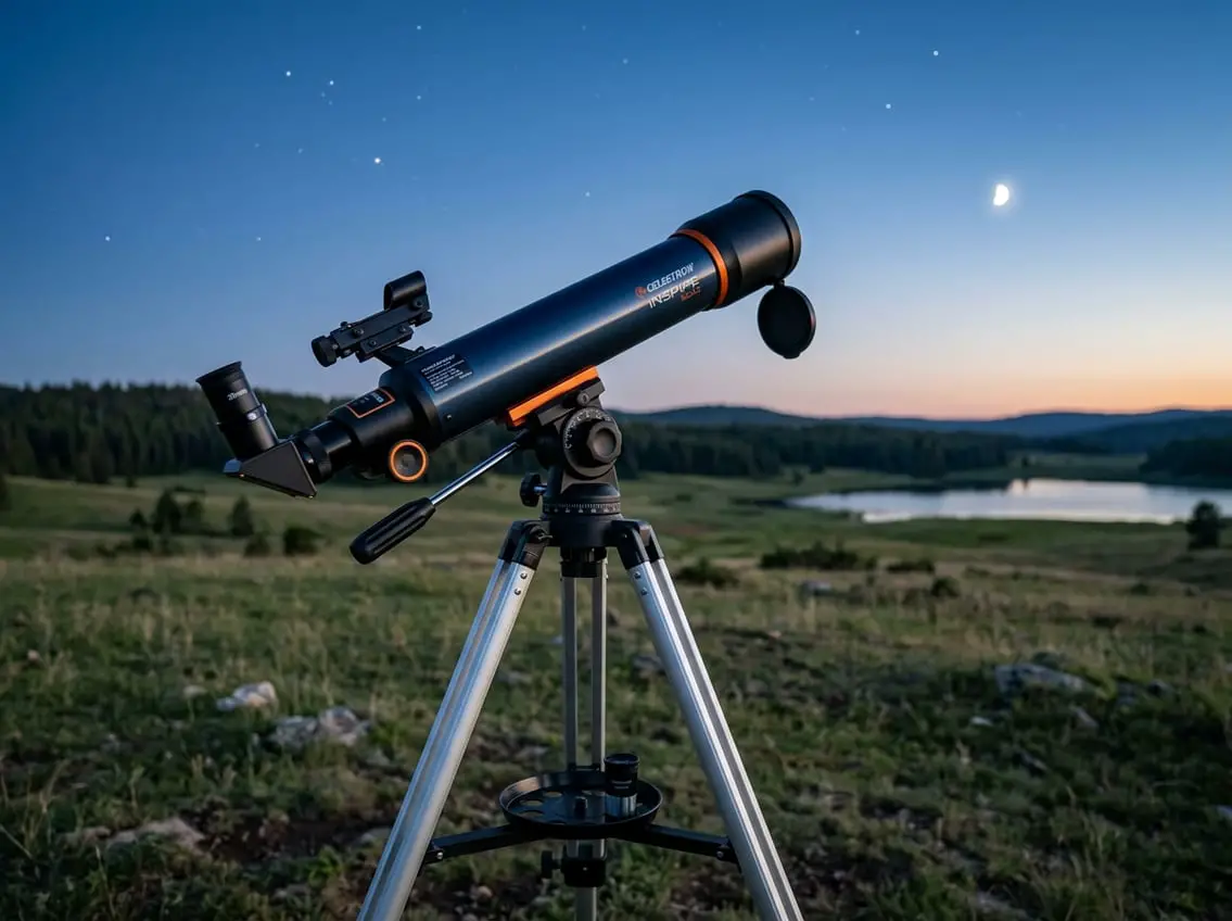 A beginner telescope mounted on a tripod outdoors at twilight with stars starting to appear in the sky.