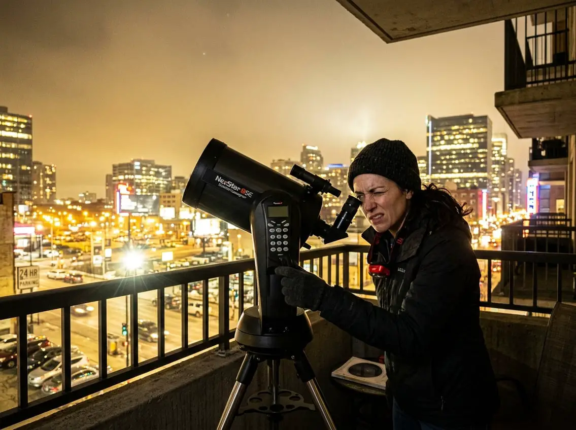 Person outdoors at night looking through a telescope but unable to see stars due to bright city lights and glare.