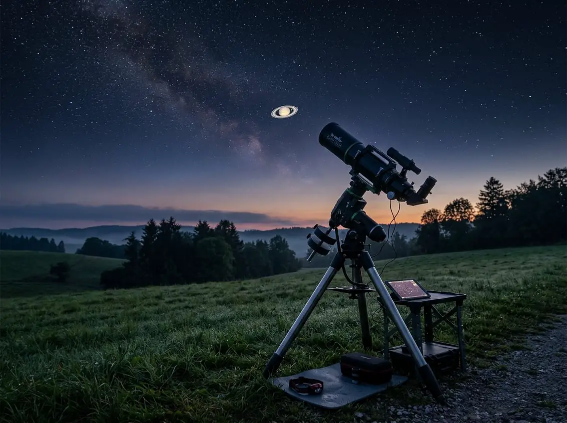 A telescope outdoors at dusk pointed at Saturn with its rings visible in the night sky.