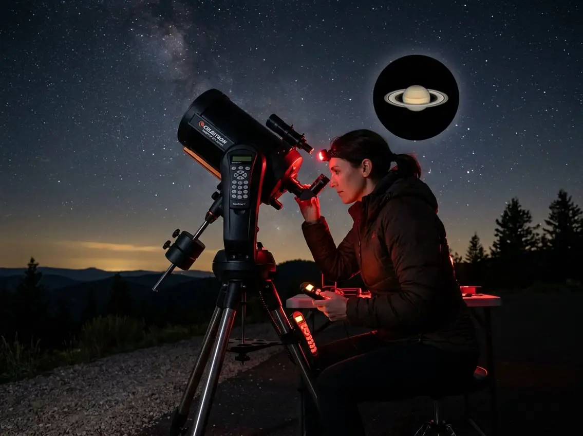 A person using a telescope outdoors at night to observe Saturn's rings under a clear starry sky.