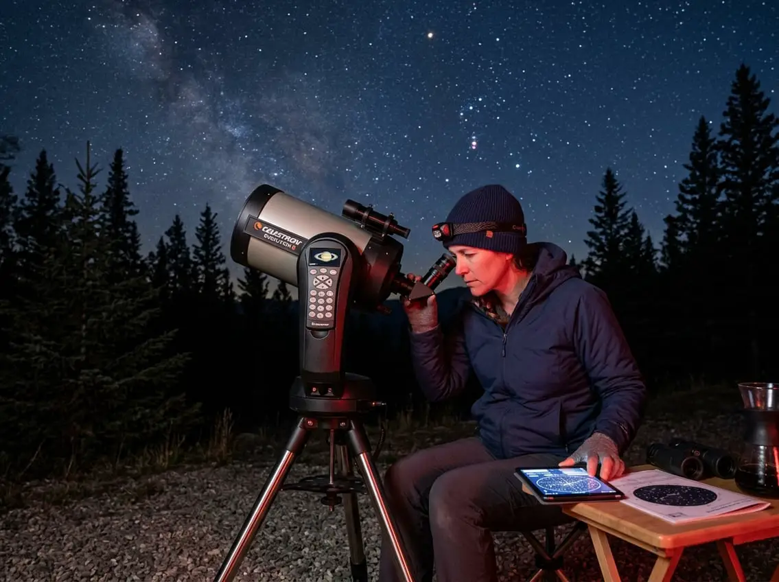 Person using a telescope outdoors at night with a smartphone, viewing Saturn and its rings in the sky.