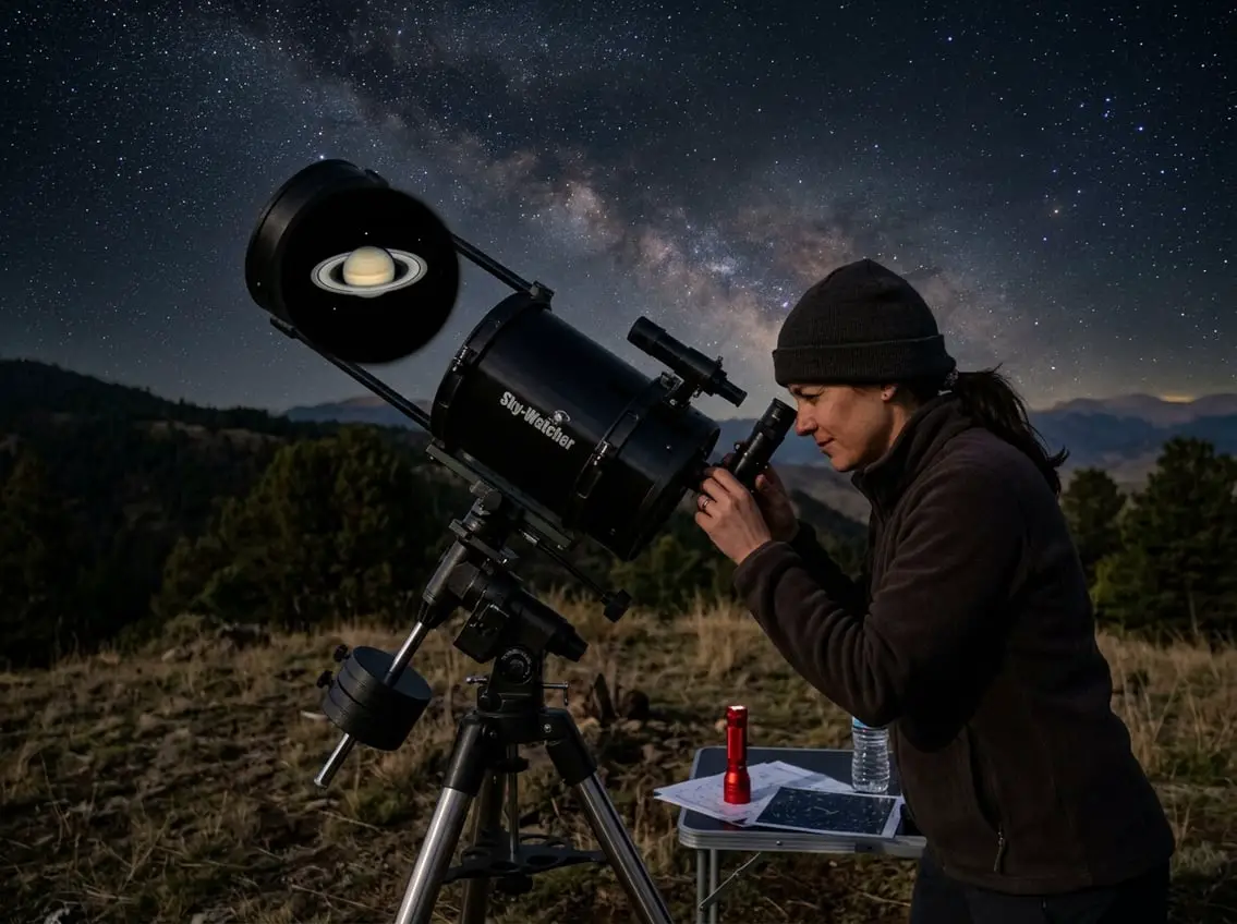 A person using a telescope outdoors at night to observe Saturn, with the planet and its rings visible through the telescope under a starry sky.