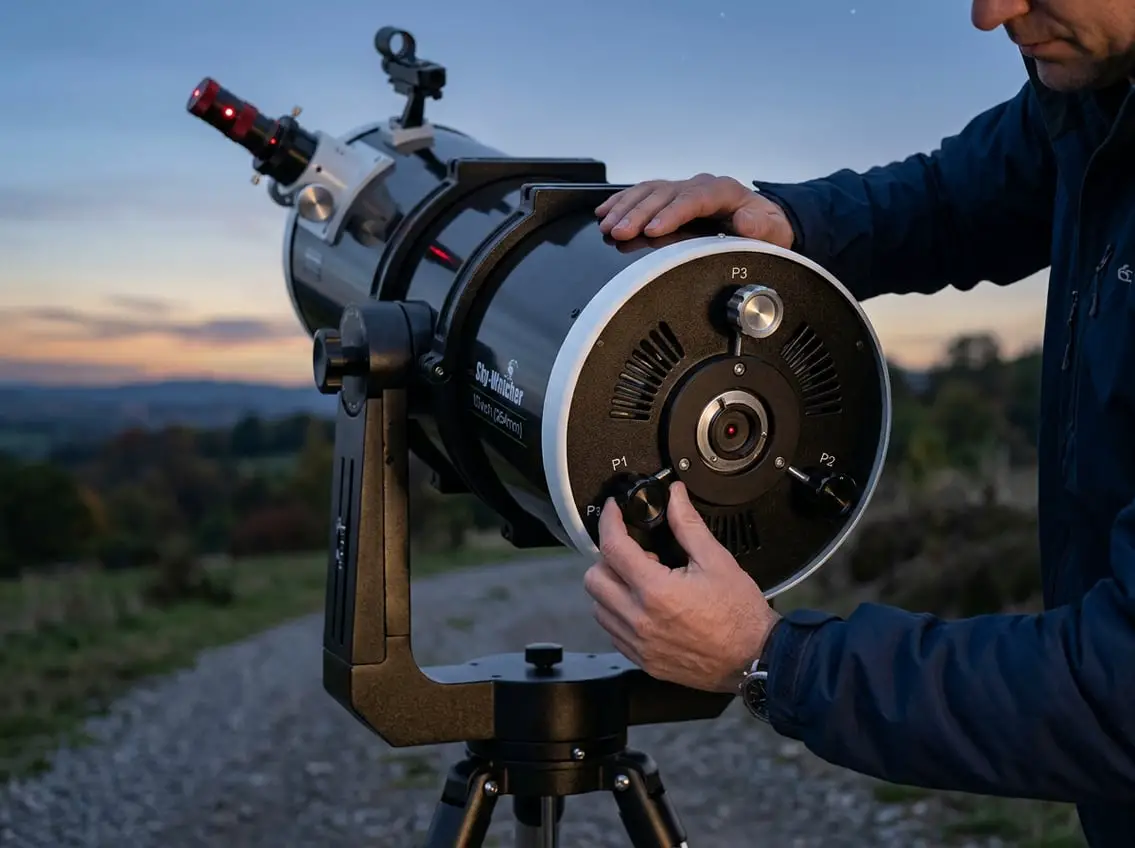 Hands adjusting the alignment screws on a reflector telescope mounted on a tripod outdoors during twilight.