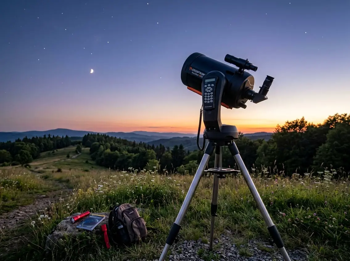 Celestron NexStar 8SE telescope set up outdoors at twilight with a clear sky in the background.